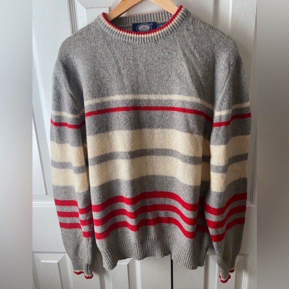 VINTAGE KNIGHT'S‎ BRIDGE Italy Cream/Gray/Red Wool Blend Crewneck Sweater XL